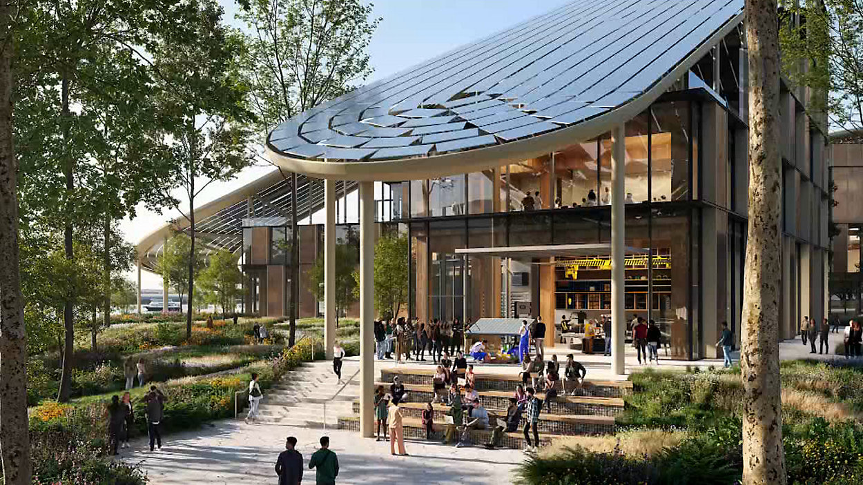 Architectural rendering of the yet-to-be-build NYCE campus on Governor's Island, NYC.