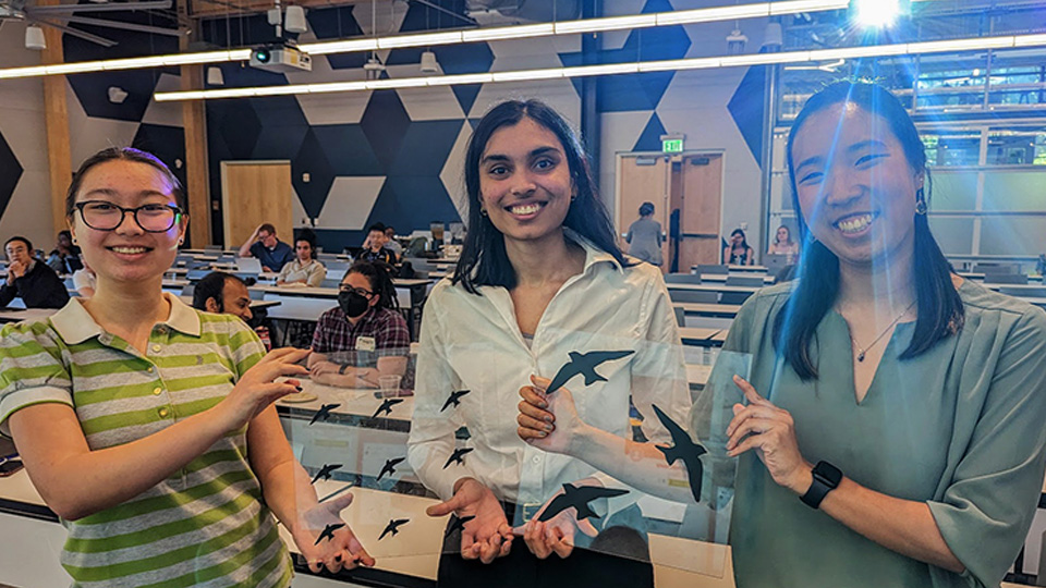 Bird Safe Campus team show their prototype window decals.